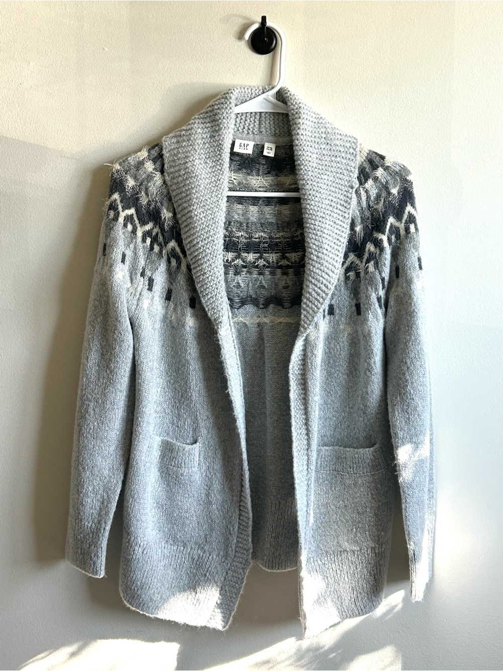 GAP Light Gray Fair Isle Shawl Collar Open Cardigan